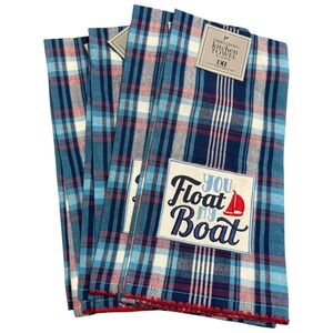NWT DII You Float‎ My Boat Kitchen Towels Blue Red Plaid Nautical Set of 4